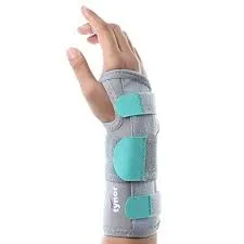 Hand wearing a gray and teal wrist brace with adjustable straps.