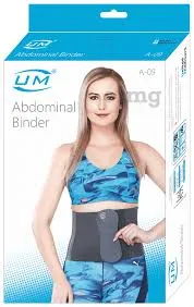Product packaging showing a woman wearing a blue abdominal binder.
