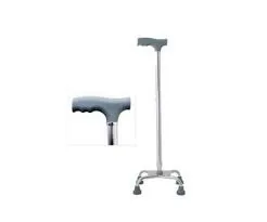 Silver quad cane with a black handle and four rubber-tipped feet for stability.